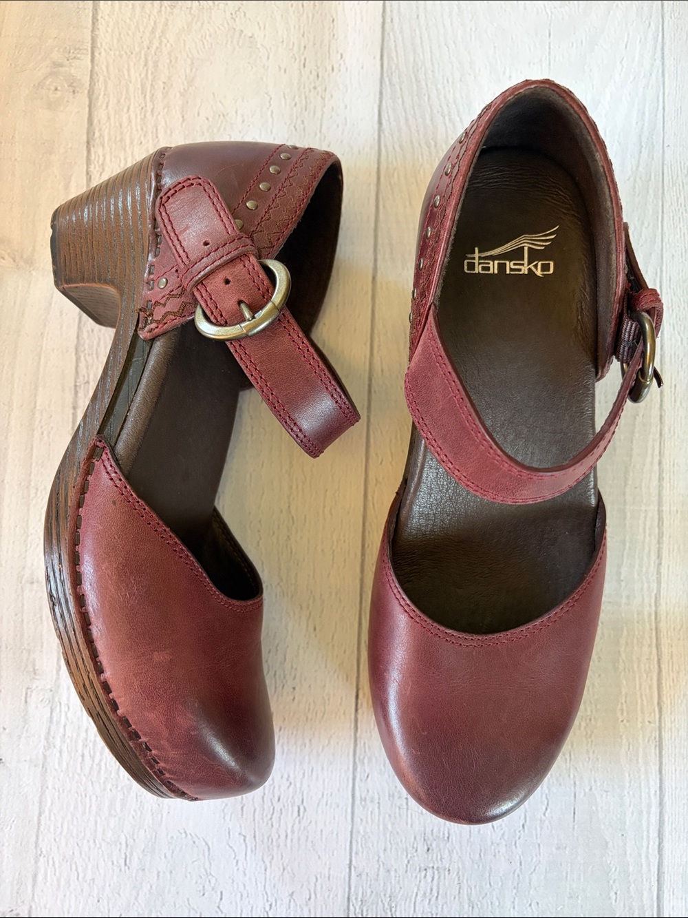 Dansko Makenna Burgundy Wine Leather Mary Jane Clog Heels Size 38